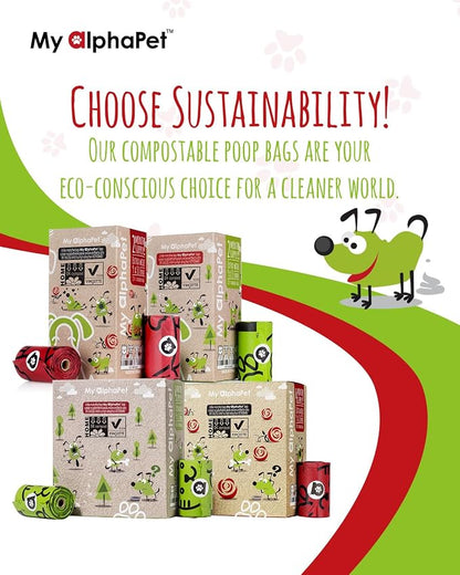 Compostable Dog Poop Bags, Cornstarch Eco-Friendly, HOME COMPOST NF T 51-800, 240 Count, Large Size Bag 9x13 Inches, 16 Unscented Refill Rolls, Leak-proof, Plantbased, GM-Free Corn (Red)