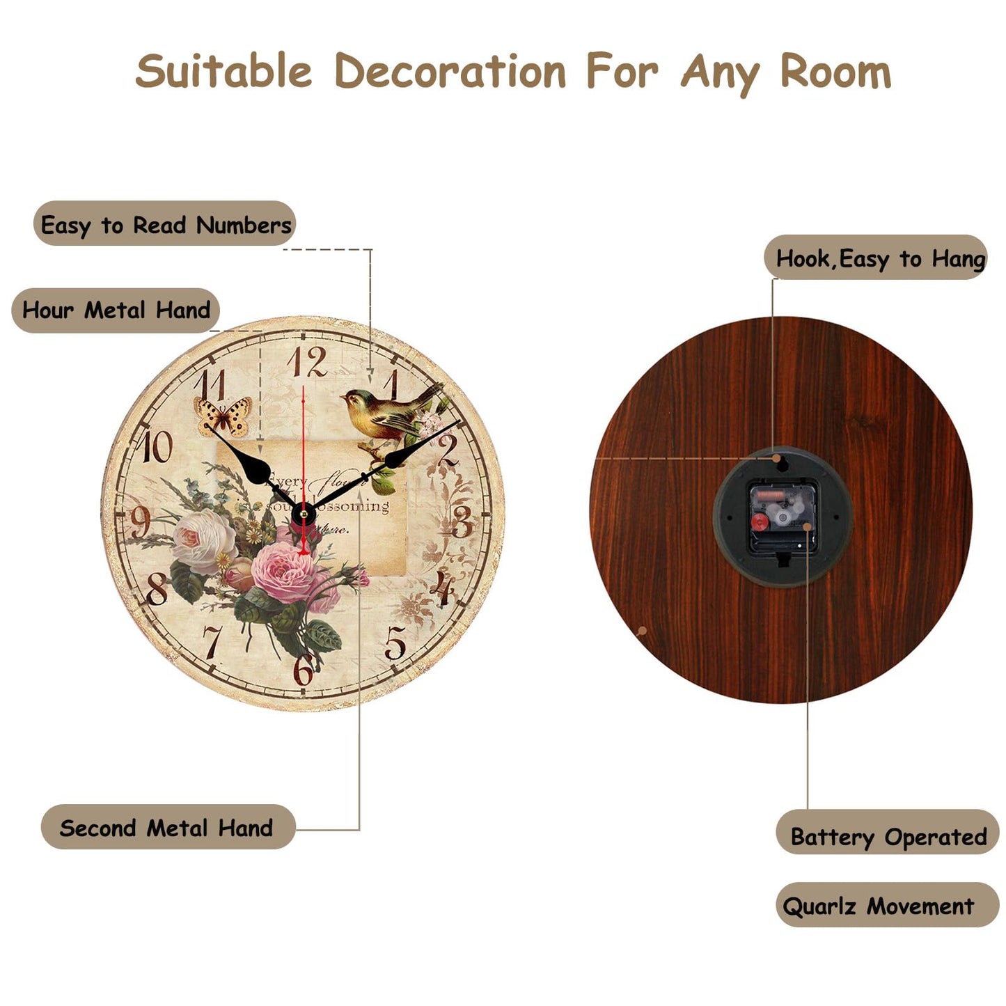 12 Inch Silent Wall Clock Battery Operated Vintage Wooden Round Non-Ticking