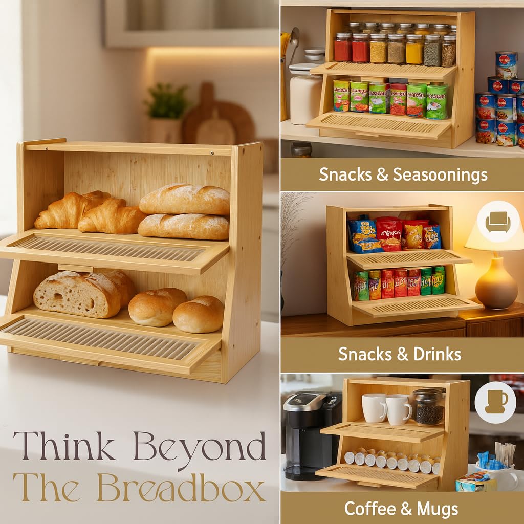 HOMIQ Bread Box for Kitchen Countertop - Bamboo Wood Breadbox with Knife Storage, Ventilation Holes - Farmhouse Loaf Organizer, Versatile 2 Layer Bread Storage Container for Snacks Mugs Spices