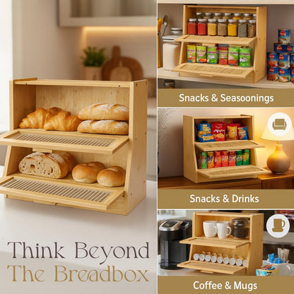 HOMIQ Bread Box for Kitchen Countertop - Bamboo Wood Breadbox with Knife Storage, Ventilation Holes - Farmhouse Loaf Organizer, Versatile 2 Layer Bread Storage Container for Snacks Mugs Spices