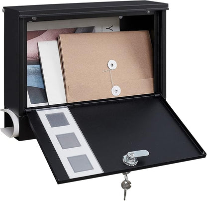 LAND·VOI Locking Mailbox Wall Mounted, Metal Postbox with Three Sets of Mail Box Number Stickers, 4 Keys, 14.4" x 4.5" x 11.2", Large Capacity, Black, AMB11B