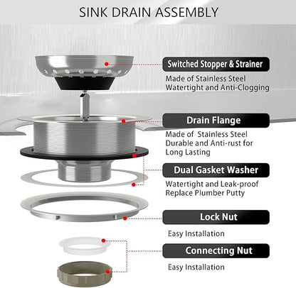 Kitchen Sink Drain 3-1/2 Inch Brushed Stainless Steel Sink Drain Strainer