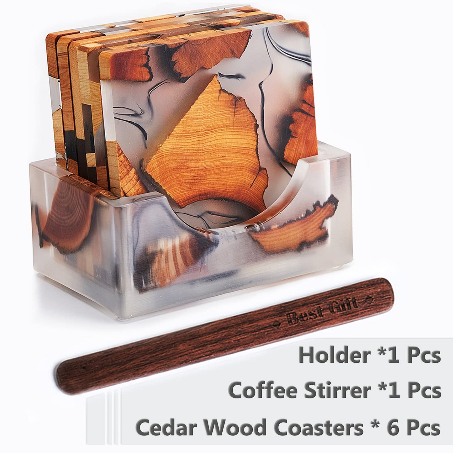 Yougoals Modern Wooden Coasters Set of 6 with Holder, Large Size Natural Cedar Coasters for Coffee, Tea Home Decor (6Pcs with Holder)
