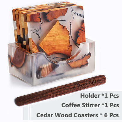 Yougoals Modern Wooden Coasters Set of 6 with Holder, Large Size Natural Cedar Coasters for Coffee, Tea Home Decor (6Pcs with Holder)