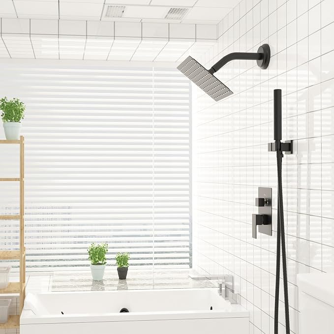 BESy 8 Inch Rain Shower Head, 8" Square Rainfall & High Pressure Stainless Steel Bath Showerhead, 1/16" Ultra Thin, Waterfall Full Body Coverage with Silicone Nozzle, Matte Black Finish