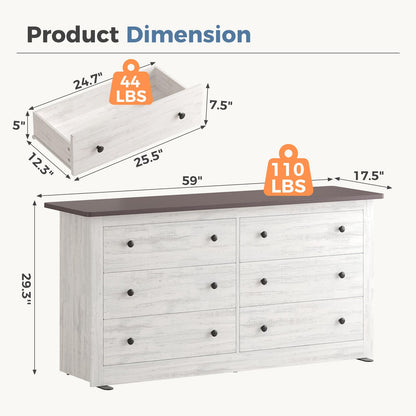 DUMOS Home Storage for Living Room, Wood Cabinet with 6 Drawers, 59" Wide TV Stand with Metal Handles, Storage Organizer for Bedroom, Entryway and Home Office, Wood