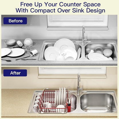 MAJALiS Red Dish Drying Rack Over Sink with Utensil Holder, Drainboard | Expandable Stainless Steel Dish Drainer for Small Kitchen, Apartment, RV, Counter Space Saving, Perfect Fit, Rustproof