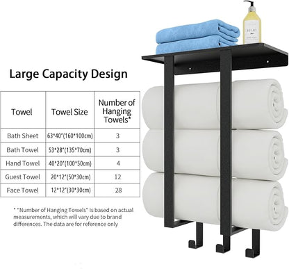 Roll Towel Racks for Bathroom, Bethom Small Wall Shelf with Hooks, Black | Stainless Steel Towel Racks for Bathroom, Wall Mounted with Shelf