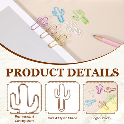 PATIKIL 60Pcs Paper Clip, Cactus Shape Metal Paper Clip Rust-Proof Small Cute Lovely Decorative Bookmarks for Notebook Document Office Home Supplies, Rose Gold
