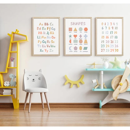 Kids Playroom Wall Art Decor Nursery ABC Alphabet Poster Play Room Canvas Wall Decor Toddler Childrens Educational Artwork Numbers Shapes Prints ABC Picture for Playroom 12x16 Inch Framed Set of 3