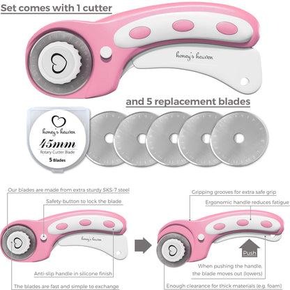 Rotary Cutter Set - Quilting Kit incl. 45mm Fabric Cutter, 5 Replacement Blades, A4 Cutting Mat, Acrylic Ruler and Craft Clips - Ideal for Crafting, Sewing, Patchworking, Crochet & Knitting (Pink, A4)