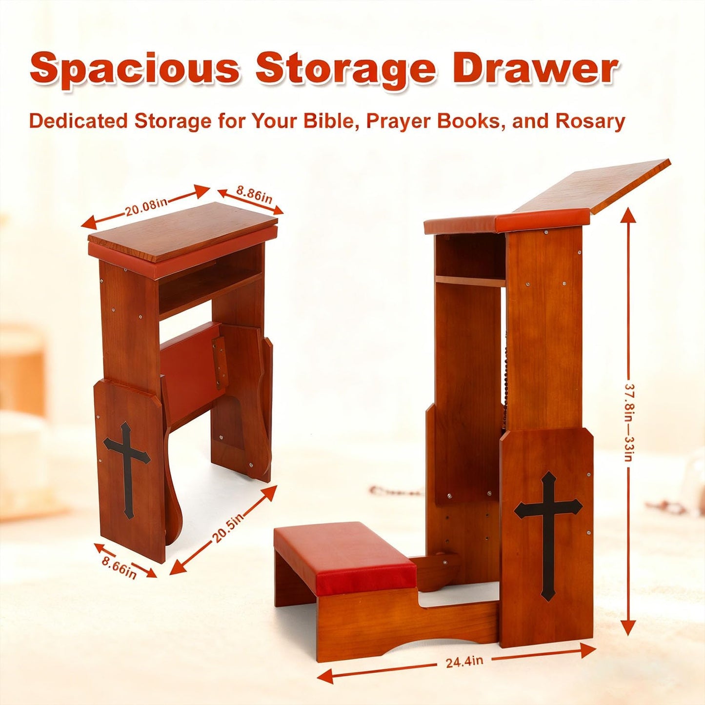 Fanwer Folding Prayer Bench for Home Use - Adjustable Wooden Kneeler for Prayer & Meditation, Compact Kneeling Altar with Bookshelf for Church, Chapel, or Personal Devotion