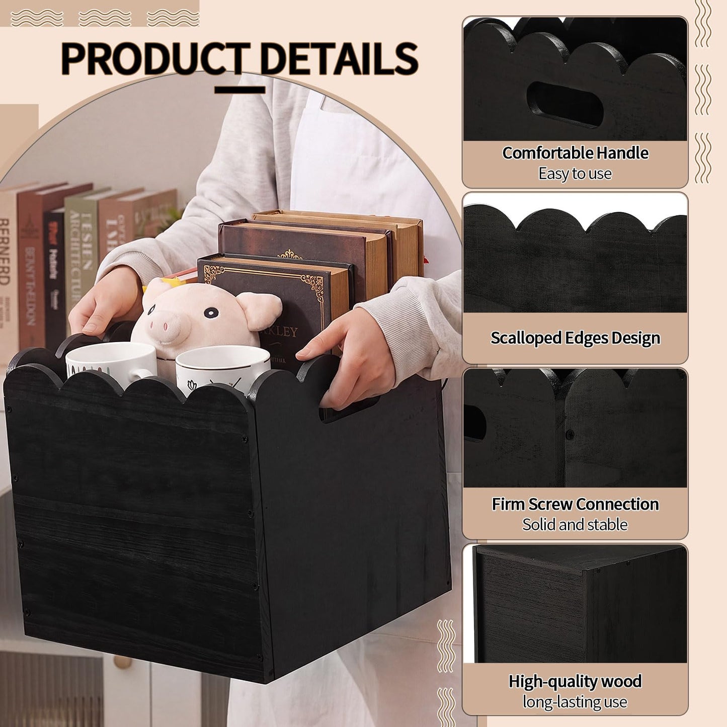 LemonRoad 2 Pcs 11 Inch Wooden Storage Bins with Scalloped Edge Stackable Wooden Storage Cubes Black Decorative Wood Crates for Book Shelves Vinyl Records, Pantry Closet Toys, Easy Assembly