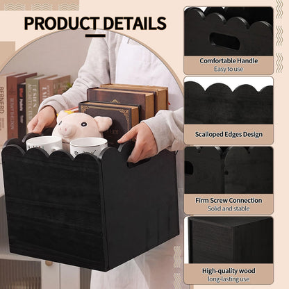 LemonRoad 2 Pcs 11 Inch Wooden Storage Bins with Scalloped Edge Stackable Wooden Storage Cubes Black Decorative Wood Crates for Book Shelves Vinyl Records, Pantry Closet Toys, Easy Assembly