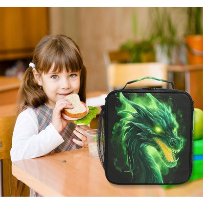 Qinllo Fire Dragon Green Black Lunch Box Bag Large for Boys Girls Kid Insulated Lunch Bags Food Container Reusable Lunchbox Expandable Zip Lock Bag Organizer for Men Women Office Picnic School