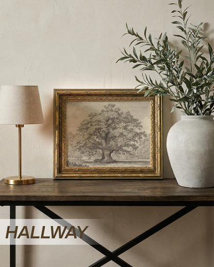 InSimSea 13x16 Gold Framed Vintage Wall Art with Glass, Sketch Oak Tree Landscape Canvas Prints, Rustic Farmhouse Botanical Artwork for Living Room Bedroom Bathroom Office