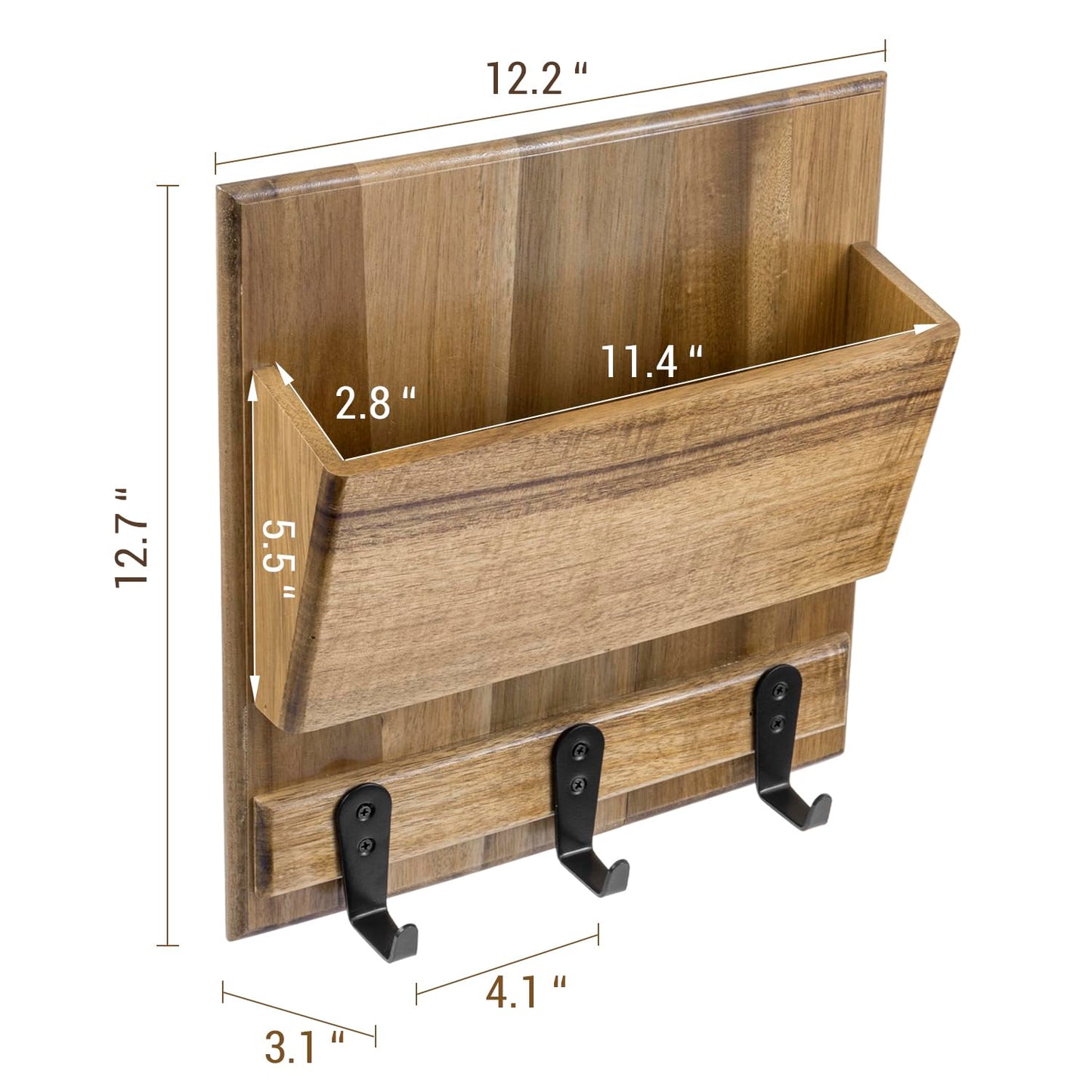 MyGift Rustic Premium Acacia Solid Wood Wall Mounted Mail Holder Rack, Hanging Wooden Home Entryway Organizer with Letter Slot and 3 Black Metal Key Hooks