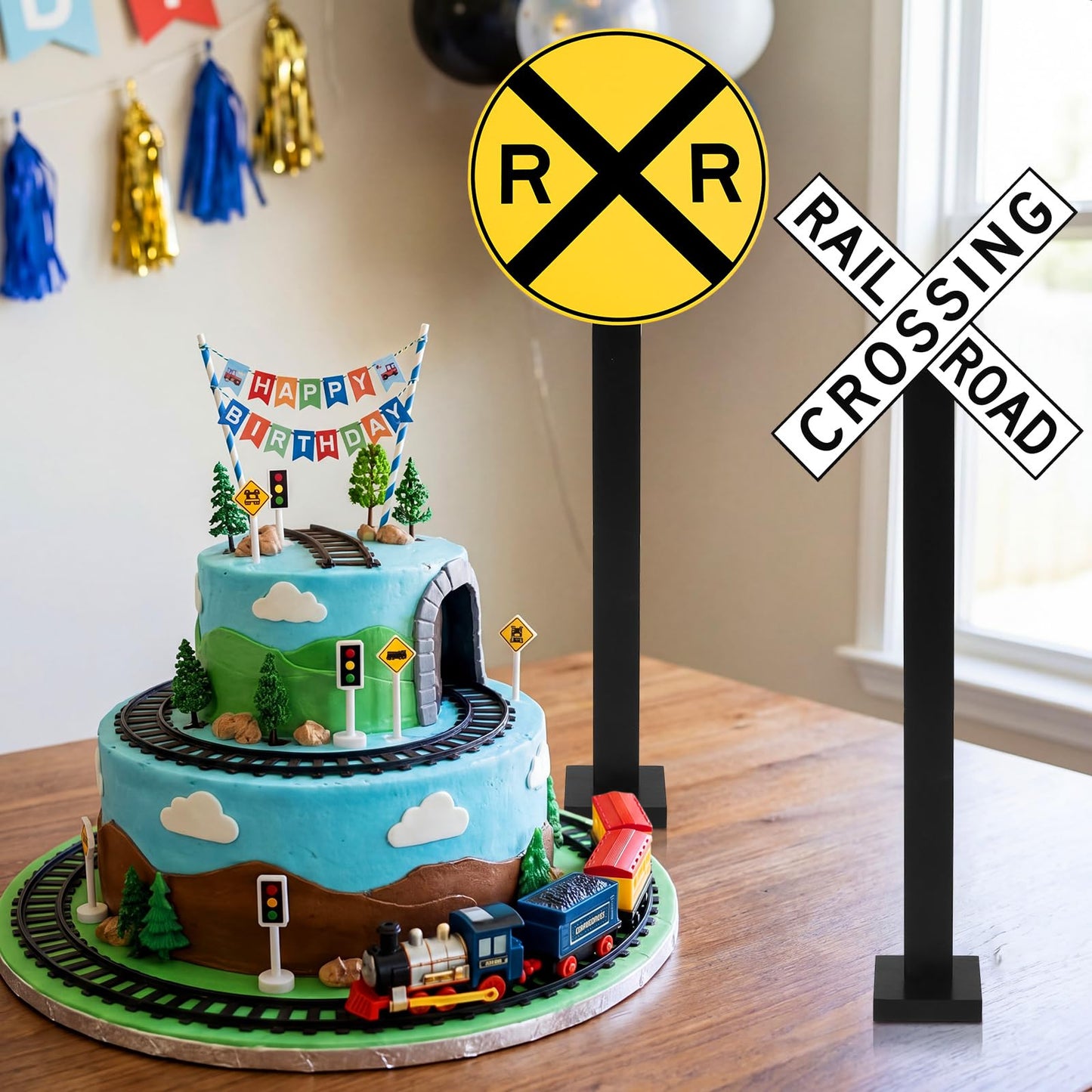 Yousoontic 2 Sets 30 Inch Tall Train Birthday Party Garden Decor Corrugated Plastic Railroad Crossing Sign with Wooden Stakes Chugga Chugga Two Two Party Decor Track Crossing Sign for Photo Booth Prop