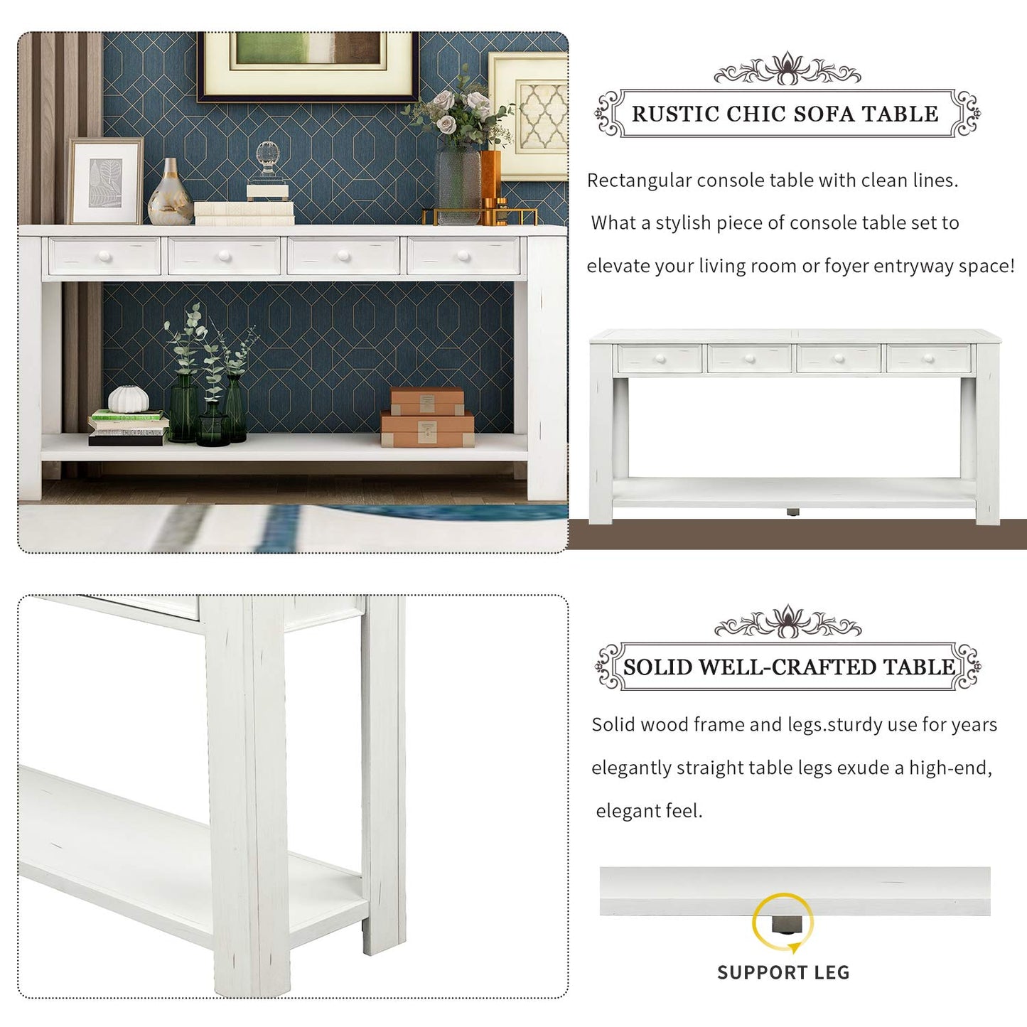 Merax Wood Narrow Console Table for Entryway Hallway Front Door Sidetable with Drawers and Bottom Shelf Antique White
