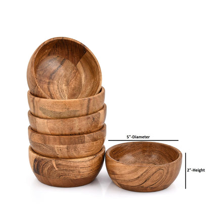 Kaizen Casa Bowl Set of 6 Wooden Bowls for Food, Condiments, Sides, Appetizers Handcrafted Eco-Friendly Serving Bowls for Snacks & Entertaining (5" X 5" X 2")