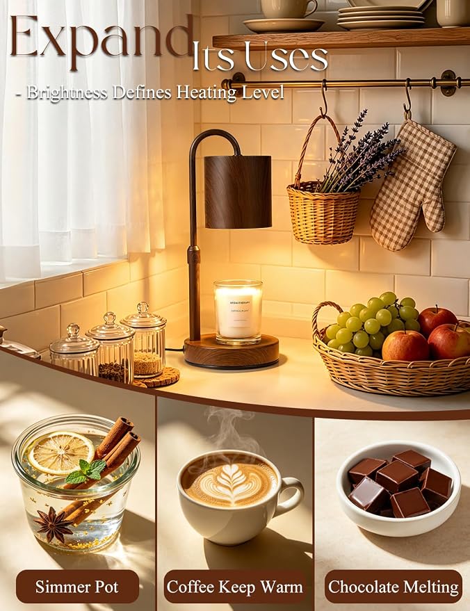 Briever Dimmable Candle Warmer Lamp with Timer, Height Adjustable Electric Candle Wax Warmer, Birthday Gifts for Women Mom, House Warming Gifts New Home Decor, Solid Wood Base, Walnut Wood Grain
