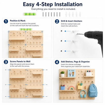 Gerrii 4 Pack Wood Pegboard Wall Organizer for Classroom 11.81 x 15.75 Inches Wooden Peg Board with Racks Hooks Modular Pegboard Organizer System for Teacher Supplies Student Work Display Office Craft
