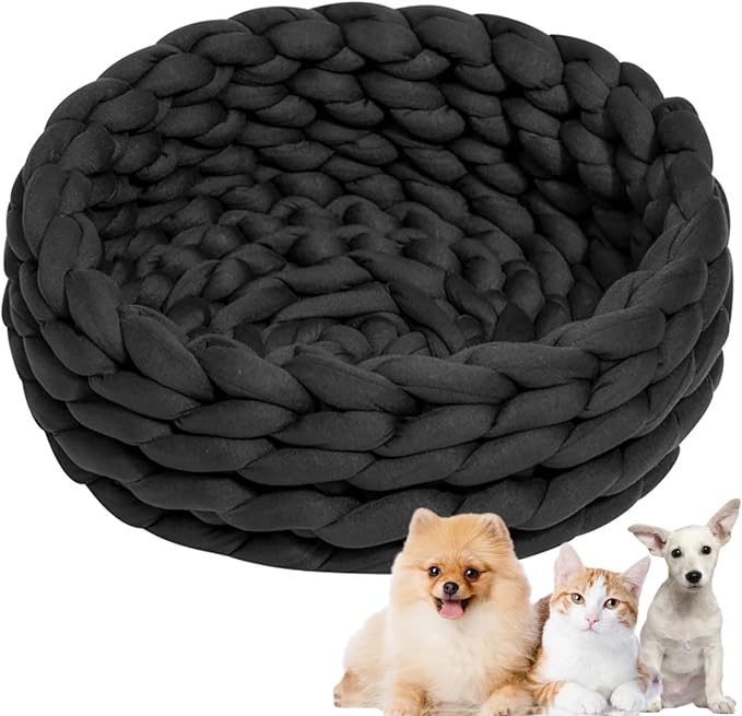 Woven Dog Bed Basket, Knitted Cotton Cat Bed Round Washable Woven Cat Pet Bed Chunky Dog Basket, Orthopedic, Chunky Knit Dog Nest,Dog Bed,Dog Cave,Dog Bedding(Black,19")
