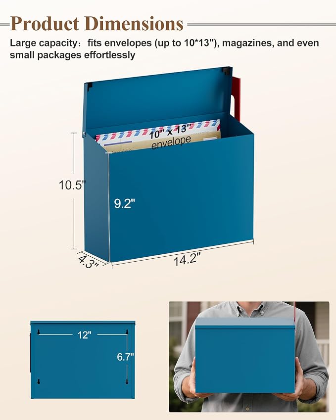 Wall-Mount Mailbox for Outside, Large Capacity Rust-Proof Mail Box with Stay-Open Lid & Red Flag Kit, Galvanized Steel Weather-Resistant Post Box for House Outside, 10.5"x4.3"x14.2", Blue