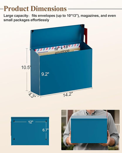 Wall-Mount Mailbox for Outside, Large Capacity Rust-Proof Mail Box with Stay-Open Lid & Red Flag Kit, Galvanized Steel Weather-Resistant Post Box for House Outside, 10.5"x4.3"x14.2", Blue