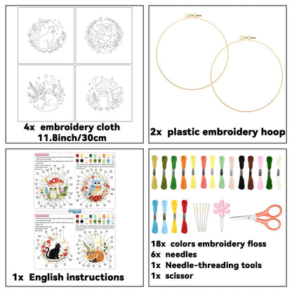 ORIGACH 4 Pack Animal Embroidery Kits Cat Frog Owl Fox Embroidery Sampler Kit Include Adjustable Hoops and Instruction Starter DIY Needlepoint for Adult Beginners