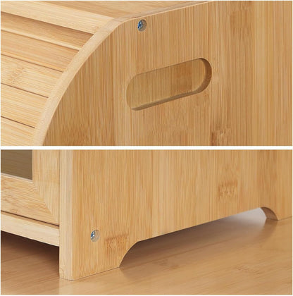 FoverOne Bamboo Bread Box for Kitchen Countertop, Roll-top Breadbox Breads Storage Boxe with Adjustable Middle Shelf