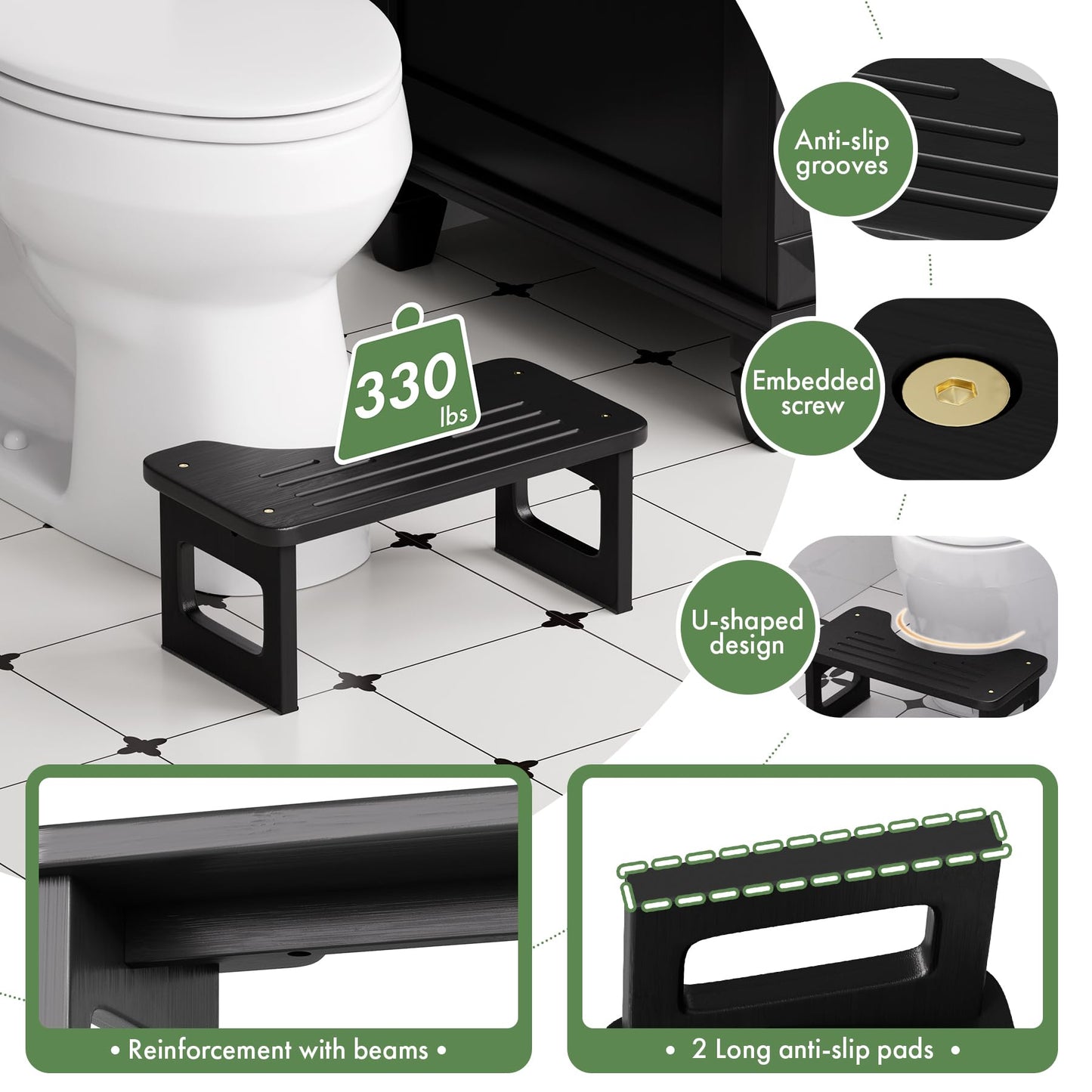 Bathway Squatting Potty Stool, Compact Poop Stool, Bamboo Wood Toilet Stool Squat Adult, Black Foot Step Stool, Anti-Slip Pooping Stools for Bathroom, Assembly Required, 6.8''