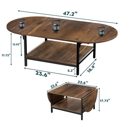 SAYGOER Folding Coffee Table for Living Room, Small Coffee Tables with 2-Tier Storage, Mid Century Modern Center Table for Small Space, Oval Farmhouse Table Square, Dark Brown