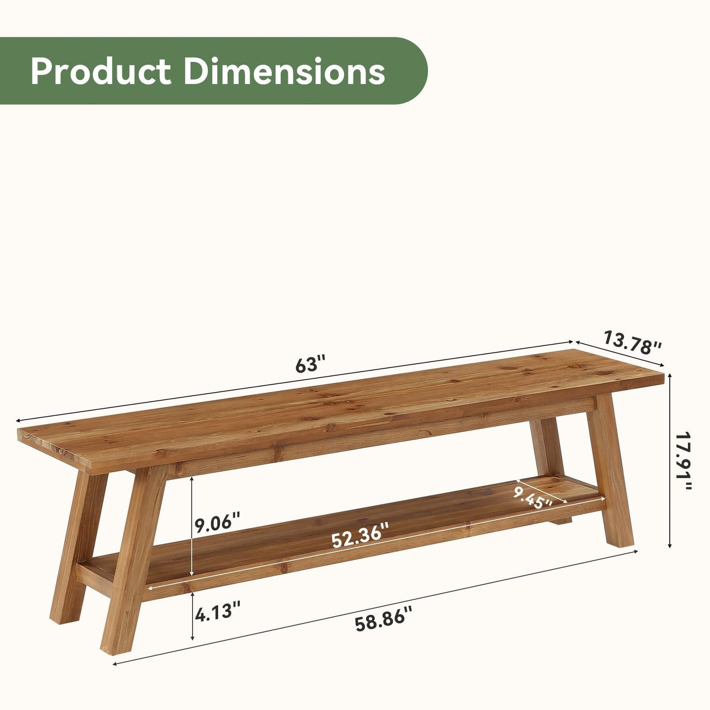 TRIBEWOOD Solid Wood Entryway Bench with Shoe Storage Shelf, 62.99" Long Rustic Hallway Shoe Bench, Natural Wood Mudroom Window Seating, 400 lbs Capacity
