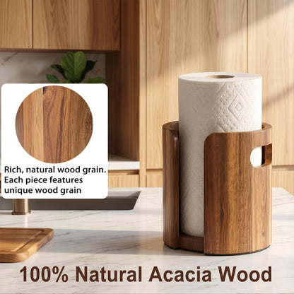 Premium Wood Paper Towel Holder for Kitchen Countertop, Acacia Wooden Kitchen Towel Holder with Splash Guard, Handles & Weighted Non-Slip Base, Home Decor Essentials, for Kitchen, Bathroom, Bar