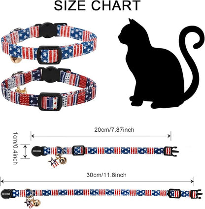 2 Pack Independence Cat Collars,Pink American Flag Cat Collar with Bell Breakaway Adjustable for 4th of July Independence Day，Adjustable Kitten Collar 7-12 Inch