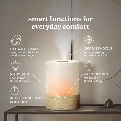 Homedics Cool Mist Ultrasonic Humidifier, 8-Colors Night Light, 0.66 Gal Top-Fill Tank, 24Hr Runtime, 3 Mist Settings, 360° Mist for 329 sq ft Rooms, Aromatherapy, Clean Tank Tech, Auto Shutoff