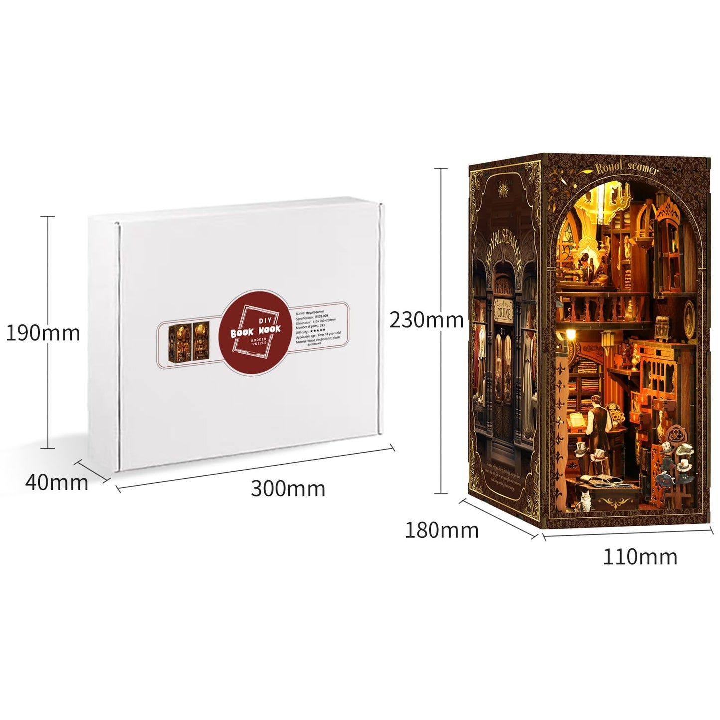 Shylamb Book Nook Kit - DIY Miniature Dolls House Kit with Furniture and LED Light, 3D Puzzle Wooden Art Bookends, Model Kits for Adults and Teens (Royal Tailor Shop)