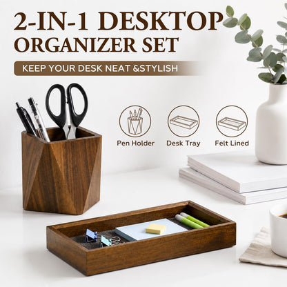 Marspark Walnut Desk Tray with Pen Holder Set, Non-Slip Desk Tray and Pencil Holder Set with Felt Lined, Natural Wooden Desktop Drawer Organizer Office, Organizer Trays for Keys, Pen, Watch