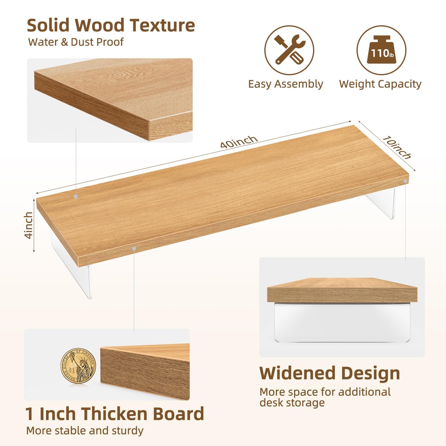 SSWOOD Dual Monitor Stand Riser, 40" Large Computer Monitor Stands for 2 Monitors, Wooden Desktop Organizer Shelf for Office Desk Computer, Laptop, TV, Monitor, Printer