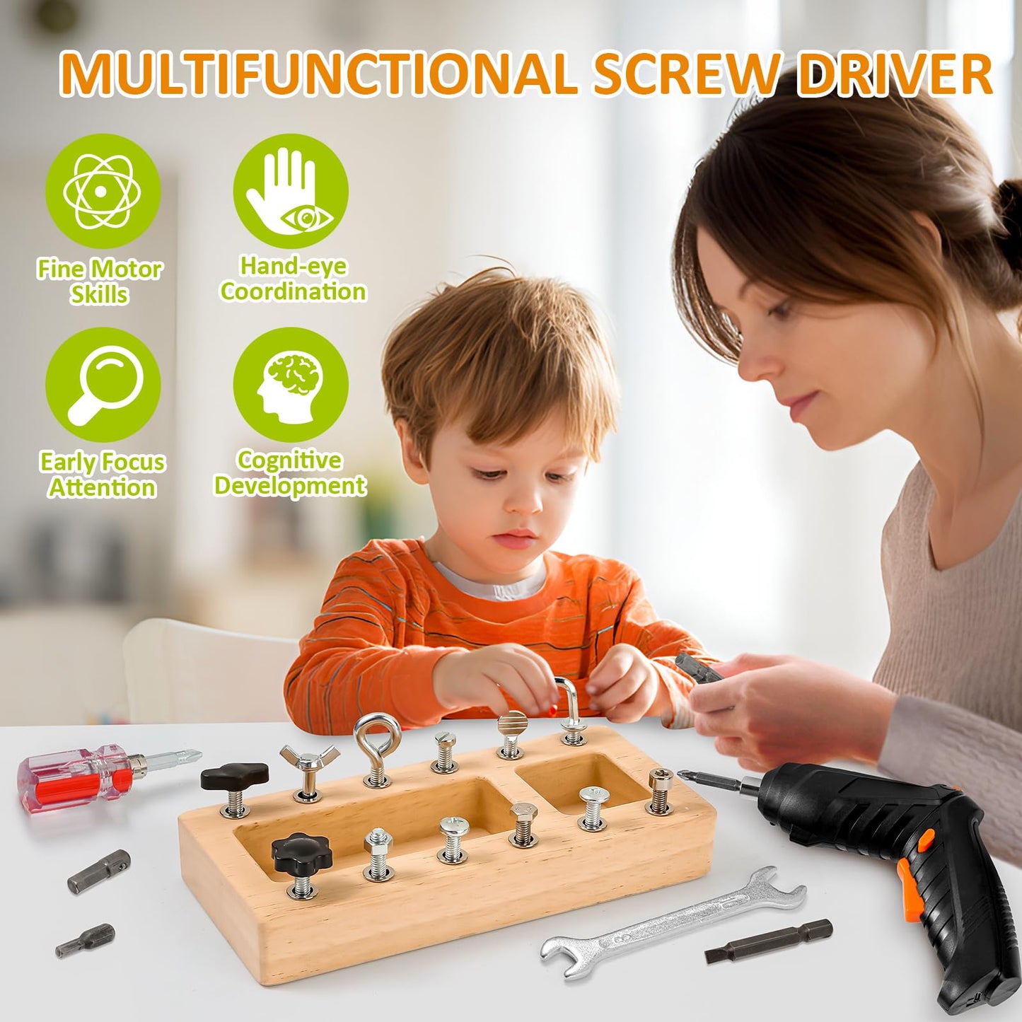 Montessori Screwdriver Board Set with Electric Drill, Wooden Montessori Busy Board Toys Screw Driver Activities Tools for 3 4 5 Year Old Kids, Sensory Learning STEM Fine Motor Skills Toys for Boys