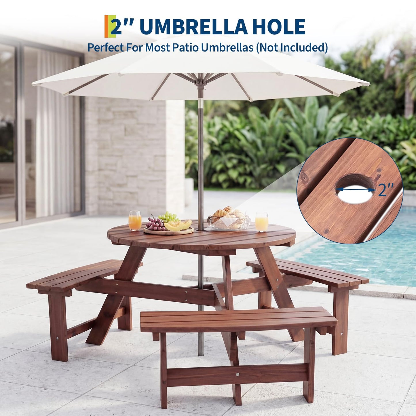 Garvee 6 Person Wooden Picnic Table, Outdoor Picnic Tables with 3 Built-in Benches, Circular Camping Dining Table and Chairs Set with Umbrella Hole for Garden, Patio, Backyard, Walnut Brown
