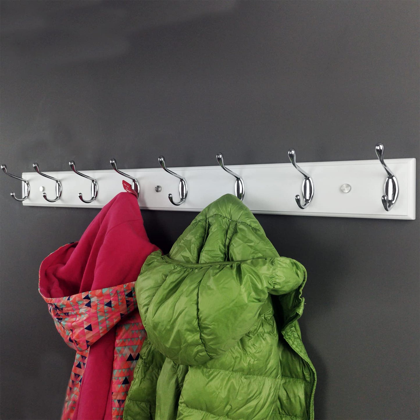 lomejii Wooden Wall Mounted Coat Rack – 31 Inch, White with 8 Silver Hooks for Entryway, Hallway, Bedroom