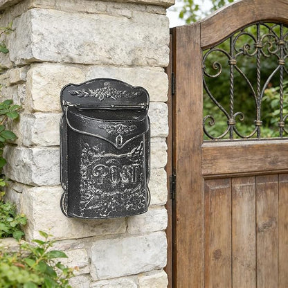 Wall Mount Mailbox for Outside Vintage Mail Boxes for House Outside Metal Door Mailbox Drop Box Antique Style Nostalgic Charm Home Decorative, Flower Pattern, Black