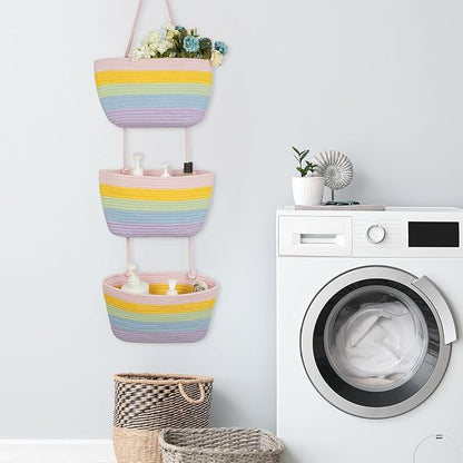 TeoKJ Over the Door Organizer, 3-Tier Woven Cotton Hanging Storage Baskets