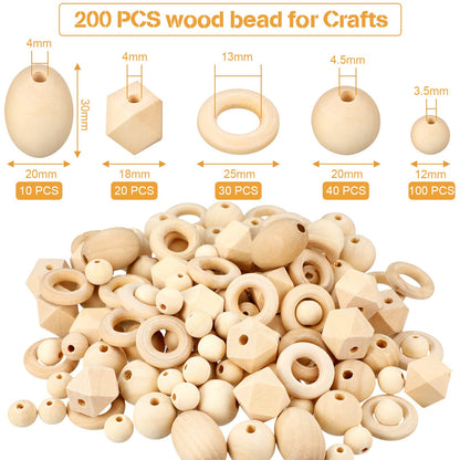 200 Pcs Natural Wood Beads Bulk 4 Styles Round Wood Hexagon Polygon Wooden Bird Spacer Unfinished Geometric Beads for DIY Crafts Garland Jewelry