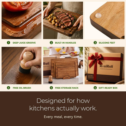 Acacia Wood Cutting Board Set of 3 for Kitchen — Non-Toxic, Kiln-Dried & Pre-Oiled 3x | Warp-Resistant Solid Acacia with Juice Groove, Handles & Anti-Slip Feets | Large Medium Small