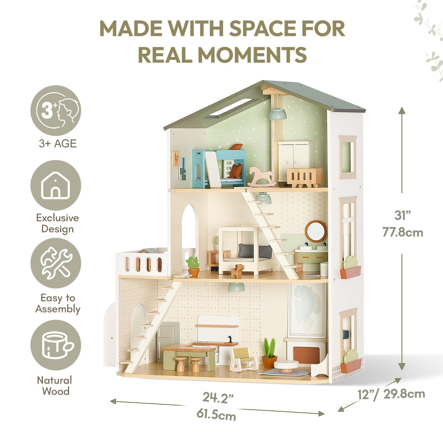 Giant bean Modern Wooden Dollhouse with Lights & 37PCS Furniture Set – Nordic Style 3-Story Playhouse for Kids Age 3+, Natural Wood Montessori Doll House with Realistic Rooms, Gift for Girls & Boys