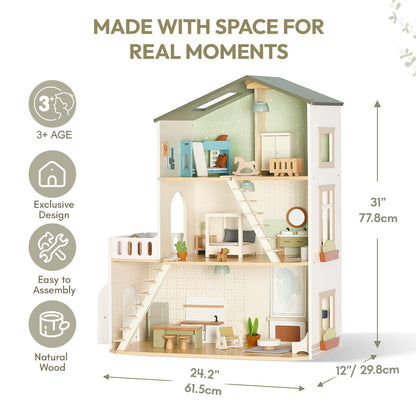 Giant bean Modern Wooden Dollhouse with Lights & 37PCS Furniture Set – Nordic Style 3-Story Playhouse for Kids Age 3+, Natural Wood Montessori Doll House with Realistic Rooms, Gift for Girls & Boys