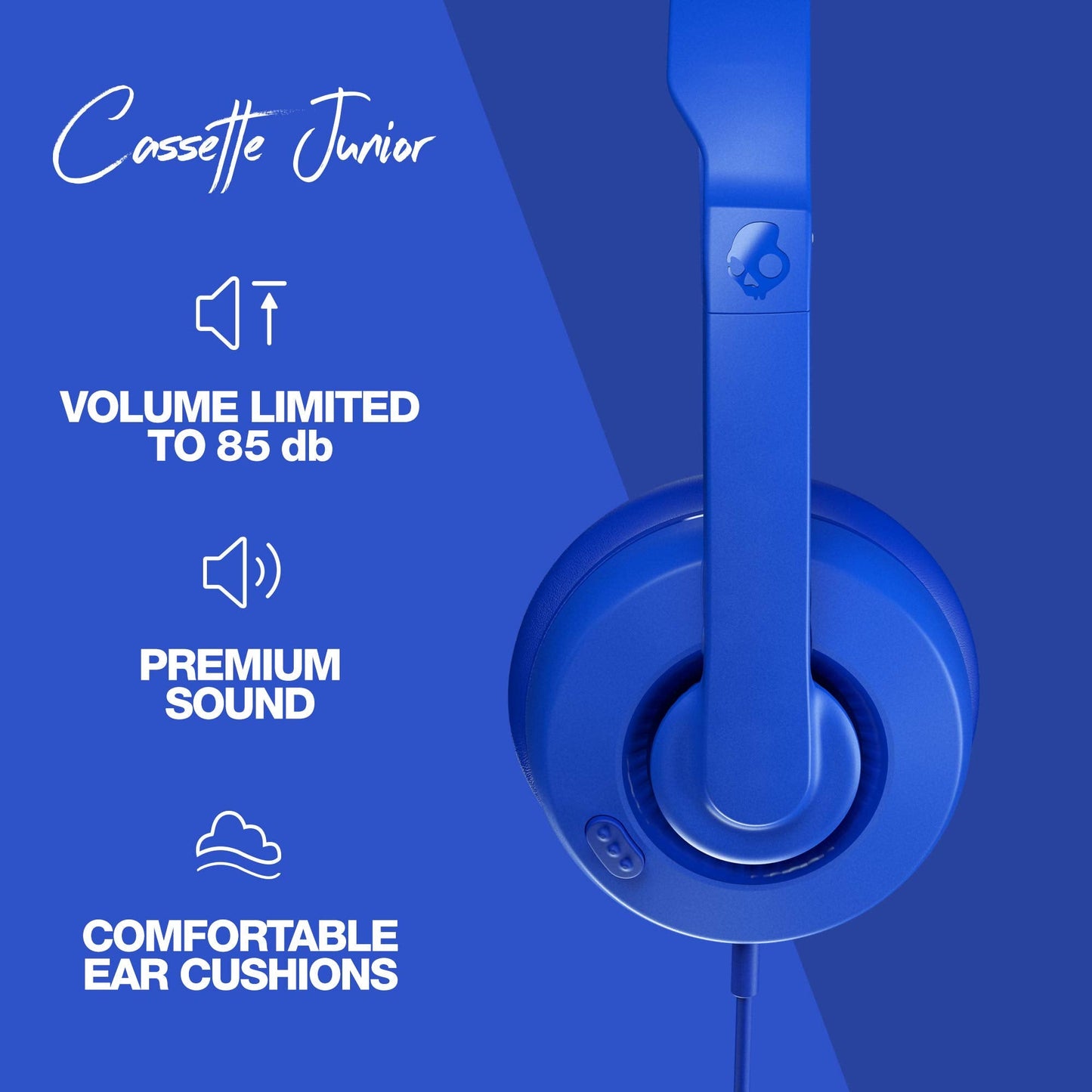 Skullcandy Cassette Junior On-Ear Wired Headphones, Volume-Limiting Audio, Foldable Lightweight Design, Designed for Kids 6+, Convenient for Travel with 3.5mm Plug, Built-in Microphone - Cobalt Blue